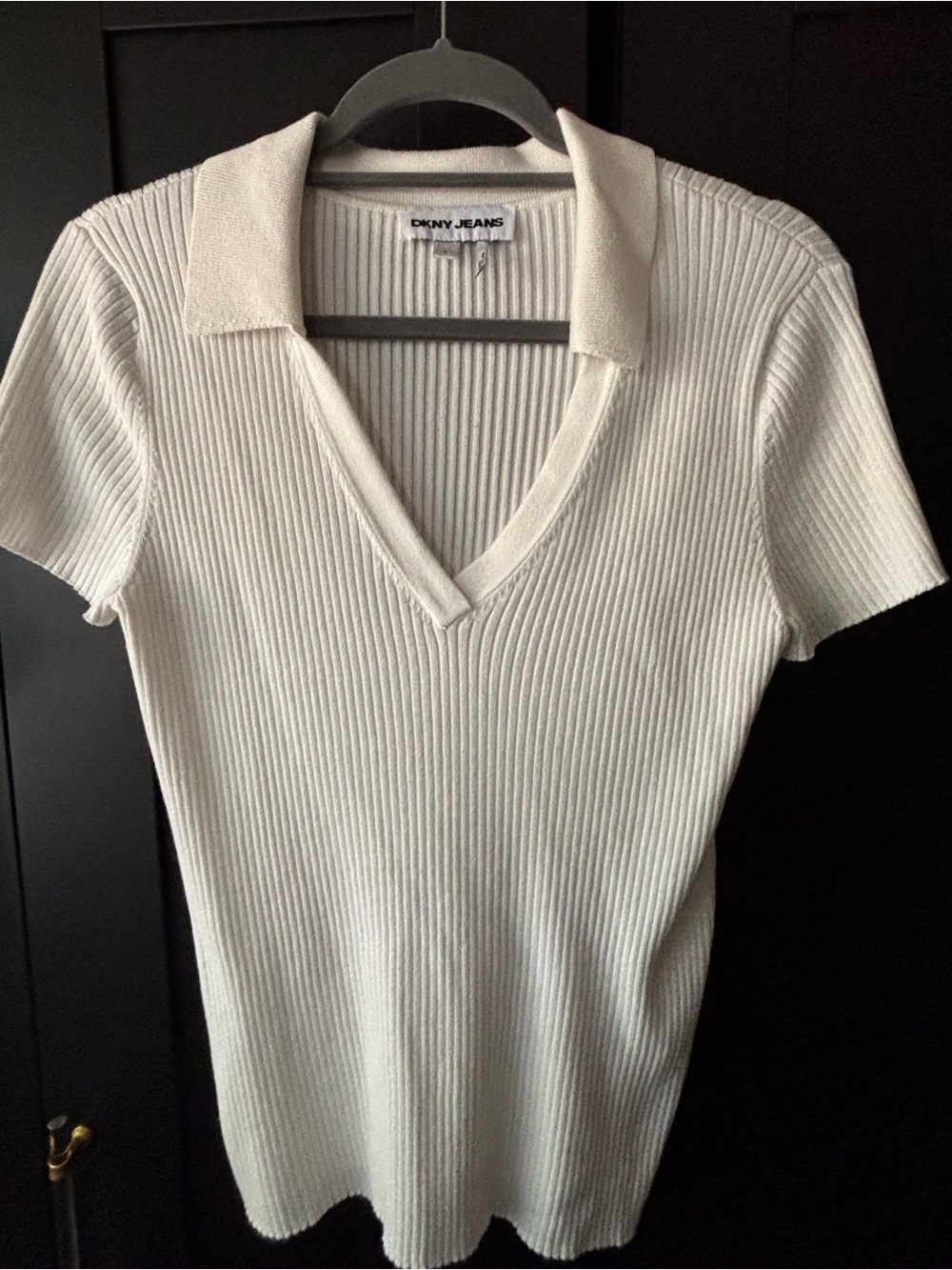 Dkny Cream Ribbed Short-Sleeve Polo V-Neck Top